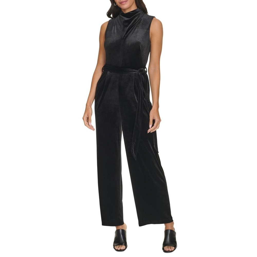 $169 Calvin Klein Velvet Mock Neck Self Tie Waist Jumpsuit Womens Size 4 Black